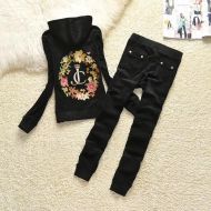 Juicy Couture Floral Crowned JC Velour Tracksuits 7302 2pcs Women Suits Black