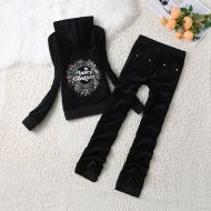 Juicy Couture Butterfly Flowers Velour Tracksuits 7408 2pcs Women Suits Black