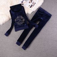 Juicy Couture Embroidery Floral JC Velour Tracksuits 2226 2pcs Women Suits Navy Blue