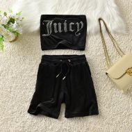 Juicy Couture Studded Juicy Logo Velour Tracksuits 7395 2pcs Women Suits Black