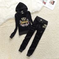 Juicy Couture Butterfly Floral Velour Tracksuits 7398 2pcs Women Suits Black