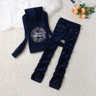 Juicy Couture Butterfly Flowers Velour Tracksuits 7408 2pcs Women Suits Navy Blue