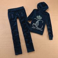 Juicy Couture Studded JC Logo Crown Velour Tracksuits 8605 2pcs Women Suits Navy Blue