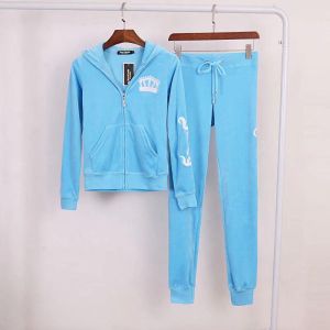 Juicy Couture Embroidery Juicy Crown Velour Tracksuits 2225 2pcs Women Suits Sky Blue