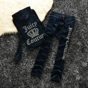 Juicy Couture Studded Logo Crown Velour Tracksuits 605 2pcs Women Suits Navy Blue