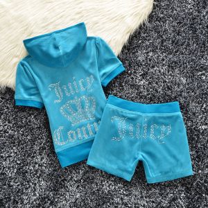 Juicy Couture Studded Logo Crown Velour Tracksuits 608 2pcs Women Suits Blue