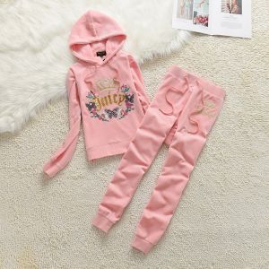 Juicy Couture Butterfly Floral Velour Tracksuits 7398 2pcs Women Suits Pink