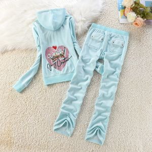 Juicy Couture Love Heart Crown Velour Tracksuits 7406 2pcs Women Suits Sky Blue